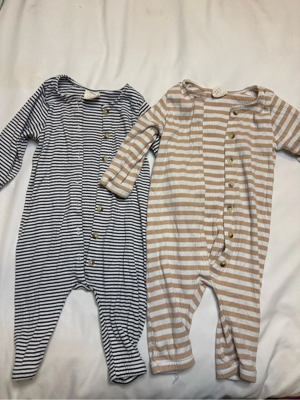 Spearmintlove Striped Ribbed Baby Footie One-Piece - Beige & Navy